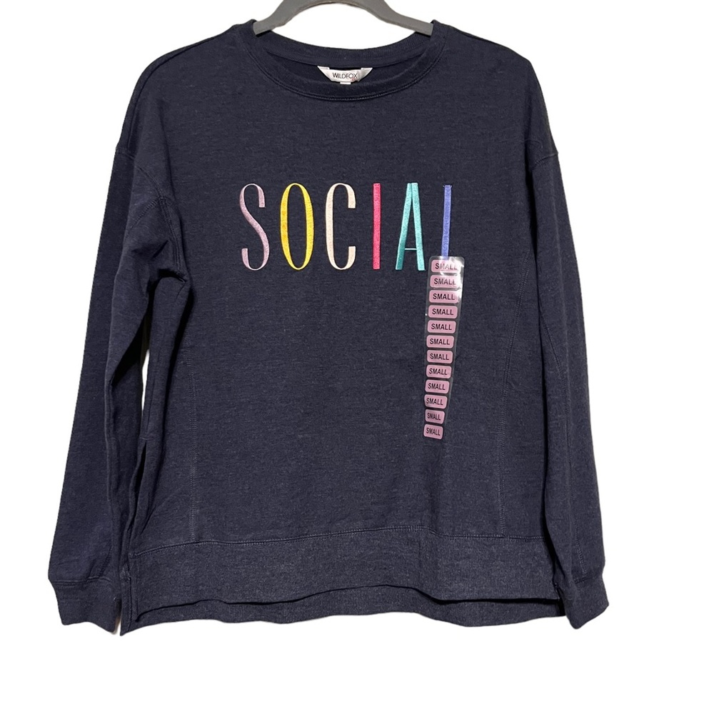 Wildfox “Social” Statement Long Sleeve Sweatshirt Navy, S